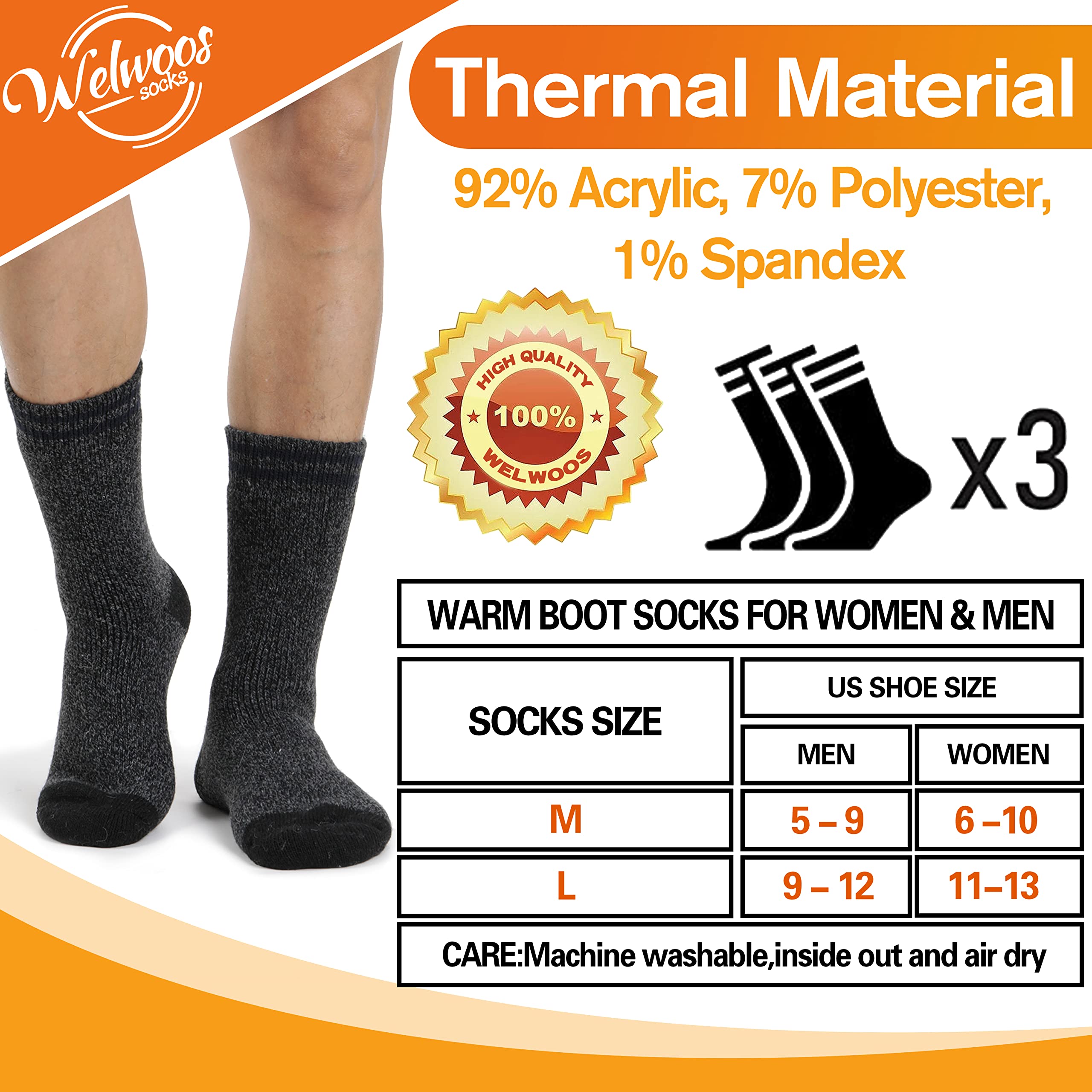 Welwoos Heated Thermal Socks for Men & Women Warm Winter Ski Thick Boot Insulated Gift Stocking Stuffers Socks 3 Pairs (Black Stripe,L)