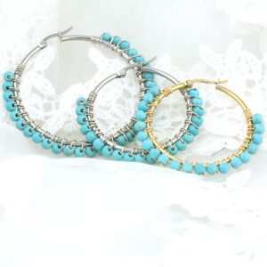 Chmuen Faux Turquoise Beaded Hoop Earrings Vintage Stainless Steel Big Earrings (50mm, Silver tone)