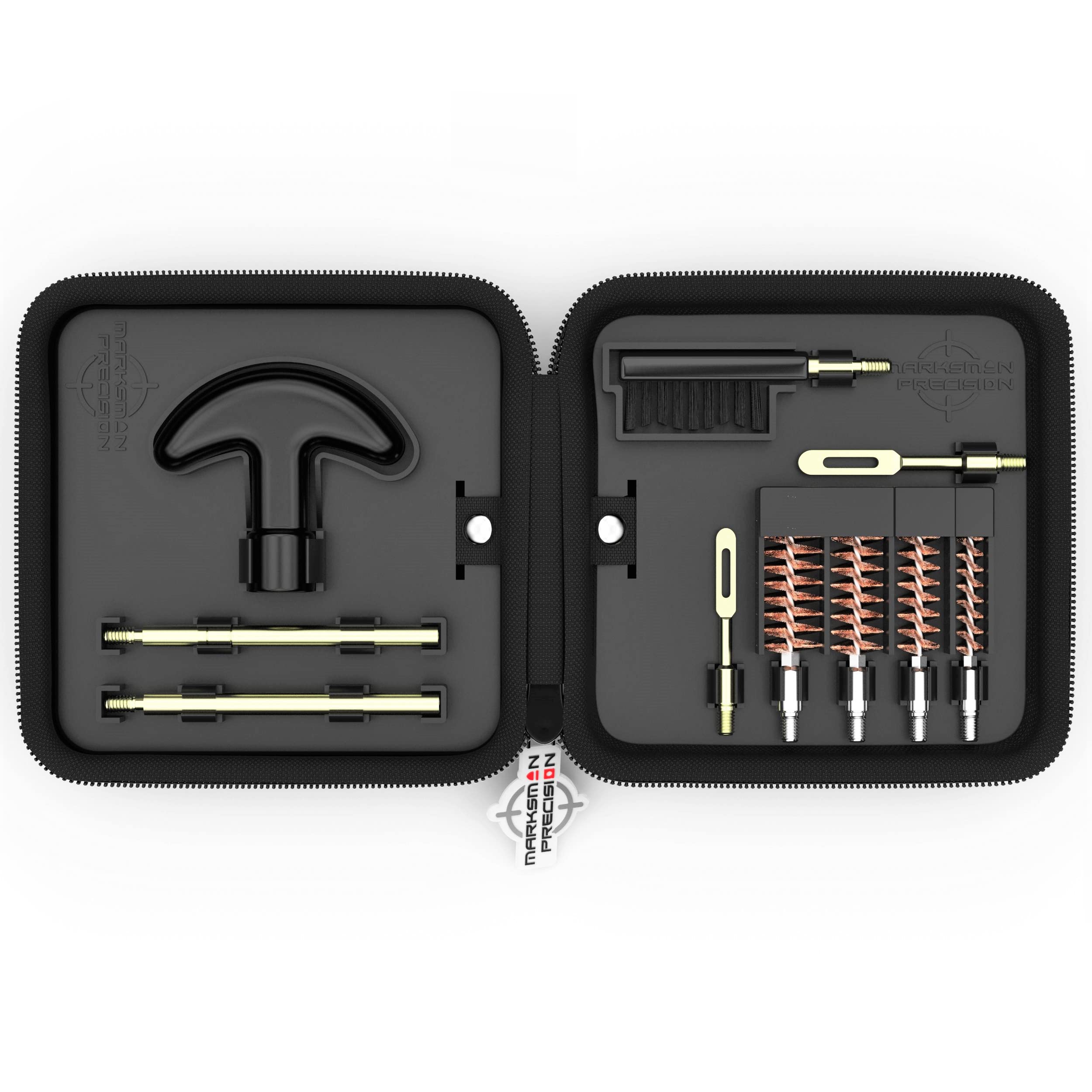 Marksman Precision Sub Compact Pistol Cleaning Kit - Brass - .22 9mm .357 .38 .380 .40 10mm .44 and .45 Caliber Handgun Revolver - Up to 6 inch Barrel - Retail Package (Black)