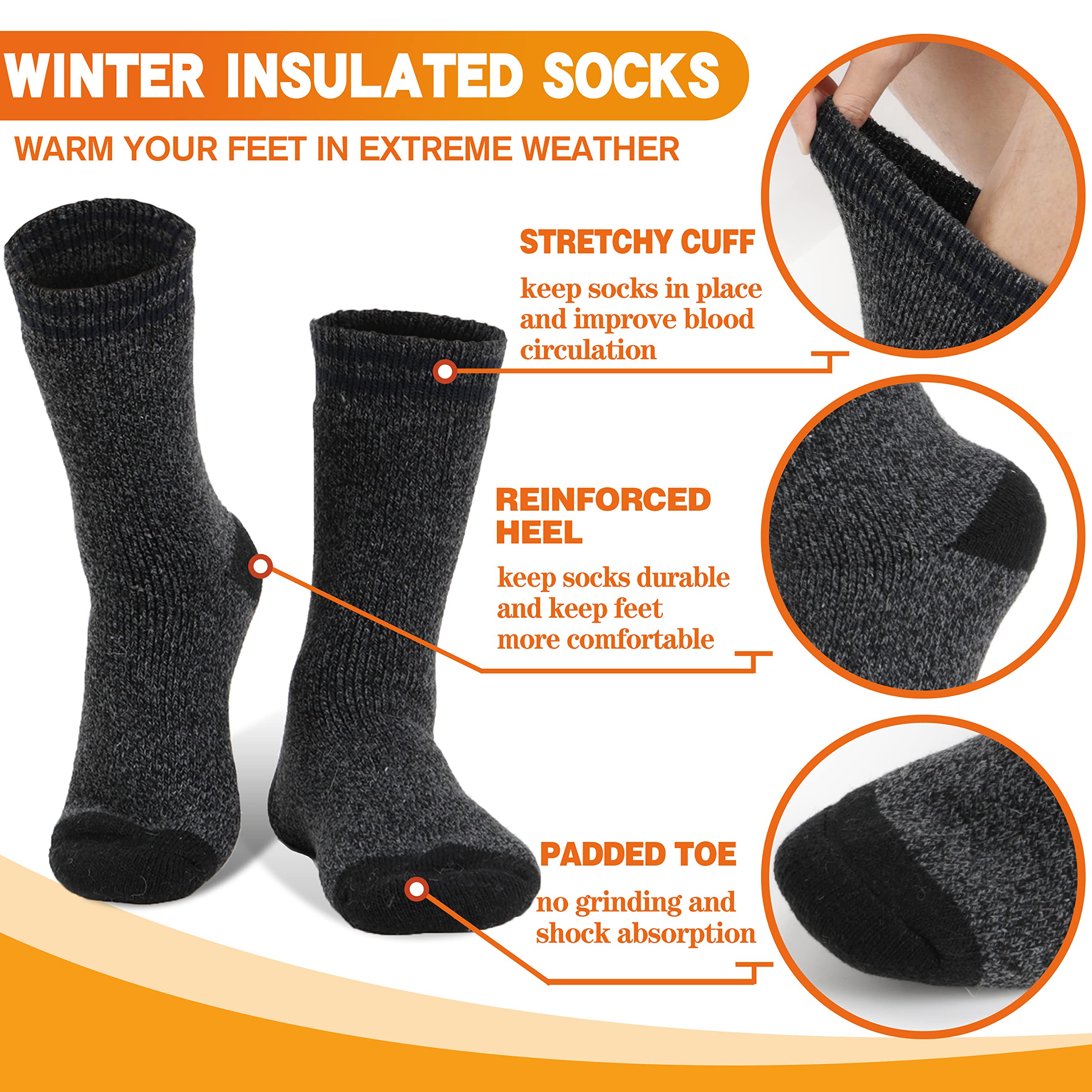 Welwoos Heated Thermal Socks for Men & Women Warm Winter Ski Thick Boot Insulated Gift Stocking Stuffers Socks 3 Pairs (Black Stripe,L)