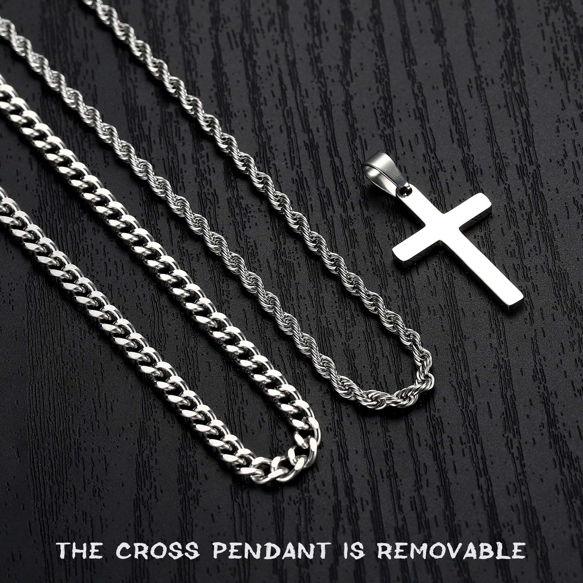 Yooblue Cross Necklace for Men, Mens Chain Necklaces, Cross Chain for Men, Silver Stainless Steel Layered Rope Chain Cuban Link Chain for Men, Mens Jewelry Gifts