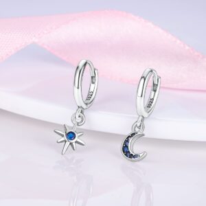 NARMO Dangle Drop Earrings 925 Sterling Silver Star&Moon Earrings Blue Cubic Zirconia Hoop Earrings for Women