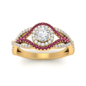 Jewelrygift Round Twisted Pave Double Halo Diamond Ring Yellow Gold Plated Created Pink Sapphire Round Shape Pink Color Double Halo Engagement Ring Prong Setting in Size 4