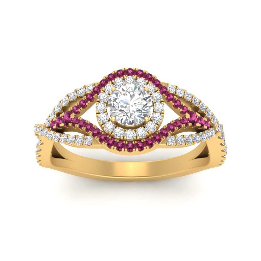 Jewelrygift Round Twisted Pave Double Halo Diamond Ring Yellow Gold Plated Created Pink Sapphire Round Shape Pink Color Double Halo Engagement Ring Prong Setting in Size 4