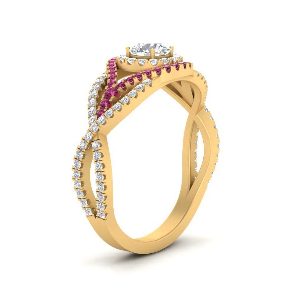 Jewelrygift Round Twisted Pave Double Halo Diamond Ring Yellow Gold Plated Created Pink Sapphire Round Shape Pink Color Double Halo Engagement Ring Prong Setting in Size 4