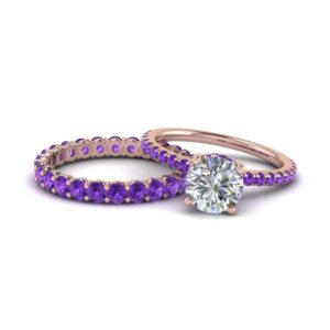 JewelryGift Hidden Halo Diamond Ring With Gemstone Band rose gold plated Natural Amethyst Round shape purple color Wedding Ring Sets pave Setting in Size 8 Casual Wear for Gift