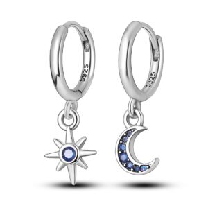 narmo dangle drop earrings 925 sterling silver star&moon earrings blue cubic zirconia hoop earrings for women