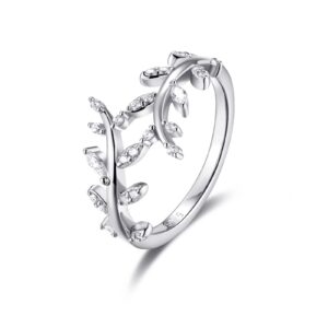 silbertale olive branch ring for women 925 sterling silver 14k white gold plated thin paved cz cubic zirconia thumb pinky wrap around leaf ring promise stackbale band size 7