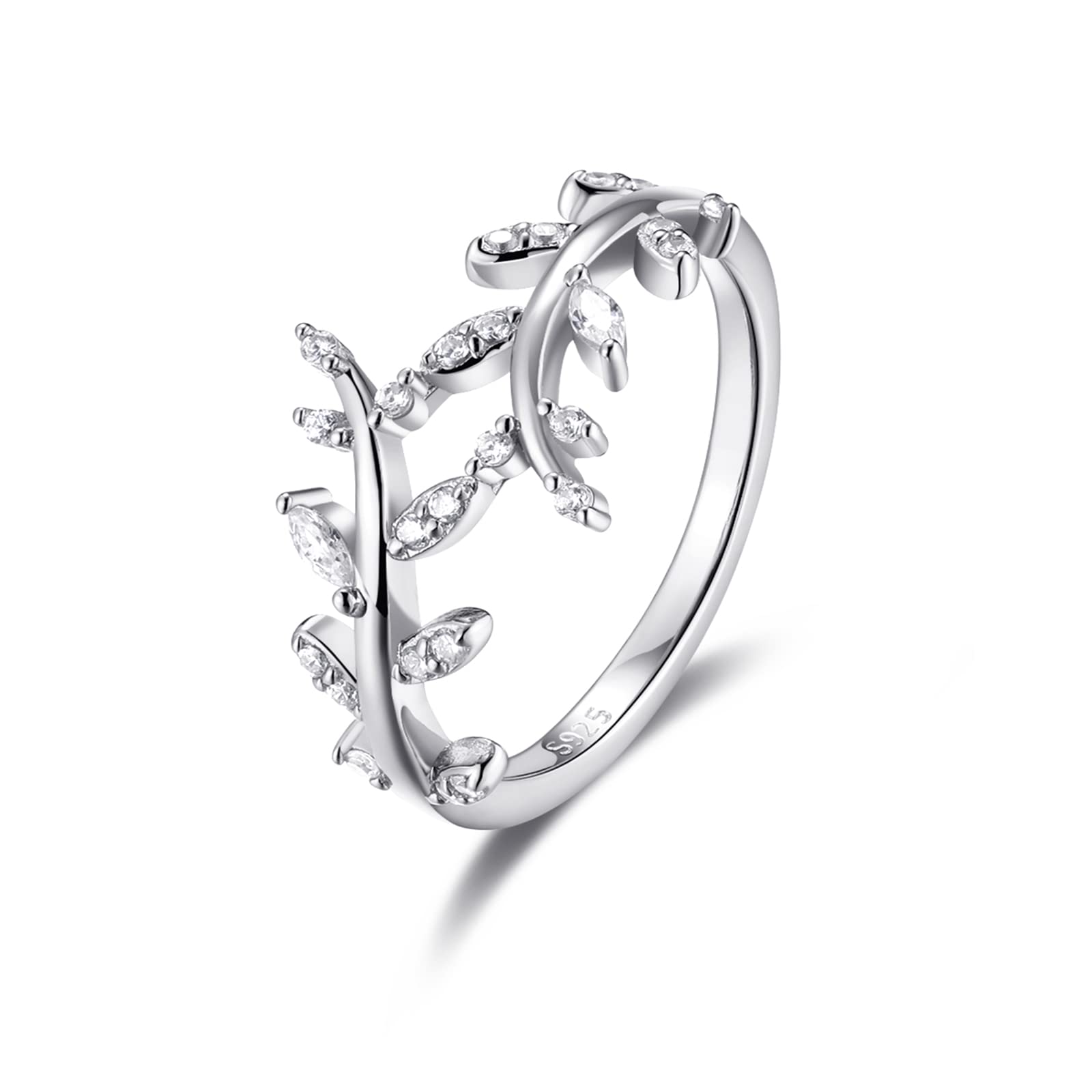 SILBERTALE Olive Branch Ring for Women 925 Sterling Silver 14K White Gold plated thin Paved CZ Cubic Zirconia Thumb Pinky Wrap Around leaf Ring Promise Stackbale Band Size 7