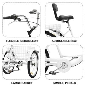 Fung-hwang Adult Tricycle 7 Speed Three Wheel Tricycle for Adults, 24 inch Womens Beach Cruiser Bike with Large Basket Adult Trikes for Men and Women