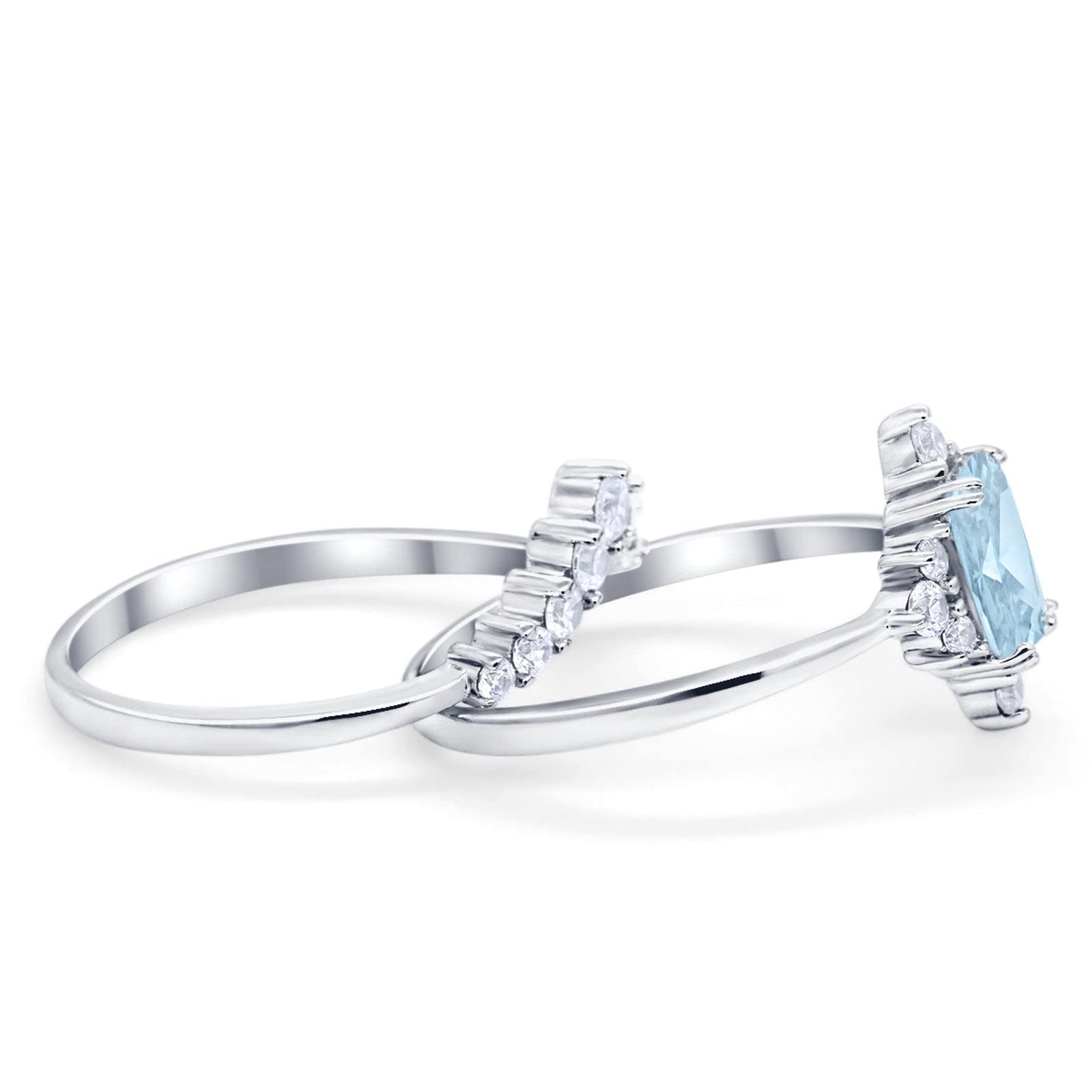 Blue Apple Co. Simulated Aquamarine Cubic Zirconia Size-11 Emerald Cut Vintage Art Deco Two Piece Bridal Set Wedding Engagement Ring Band Round Simulated Cubic Zirconia 925 Sterling Silver