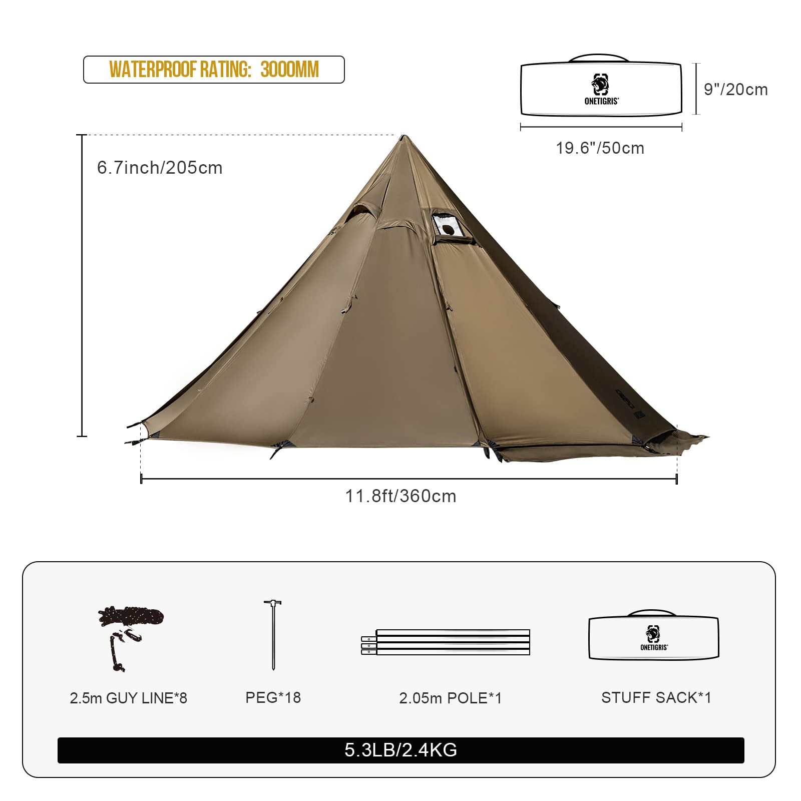 OneTigris Northgaze 2~4 Person Lightweight Hot Tent with Stove Jack,5.3lb, 4 Season Waterproof Lightweight Wind-Resistant for Camping Backpacking Hiking Hunting Fishing (Coyote Brown)