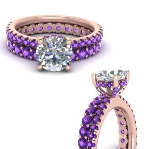 JewelryGift Hidden Halo Diamond Ring With Gemstone Band rose gold plated Natural Amethyst Round shape purple color Wedding Ring Sets pave Setting in Size 8 Casual Wear for Gift