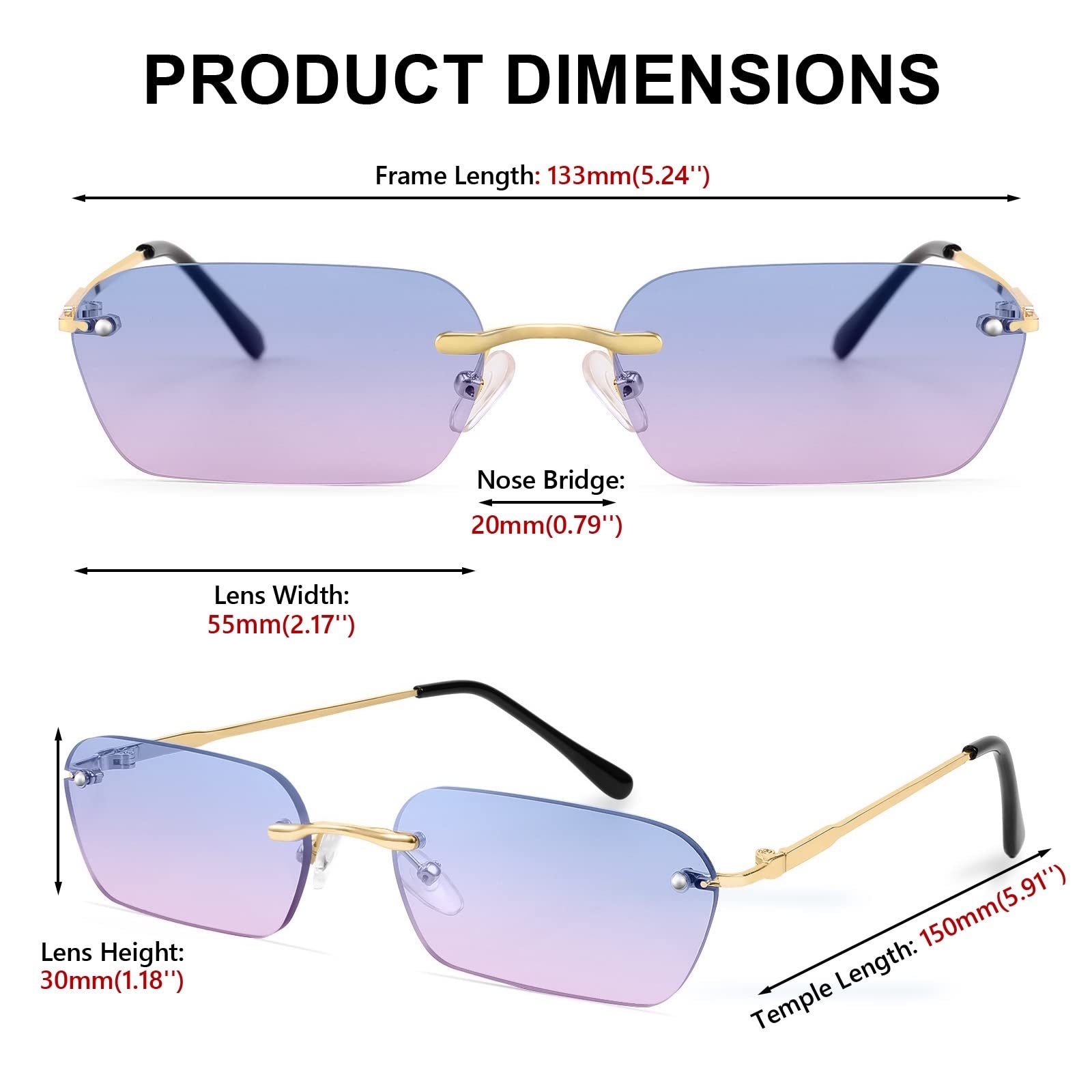 FEISEDY Rimless Sunglasses Y2K Sunglasses Retro Small Narrow Clear Eyewear Vintage Rectangle Sunglasses for Women Men B2643