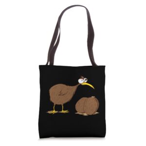 crazy kiwi bird next to two kiwi fruits tote bag