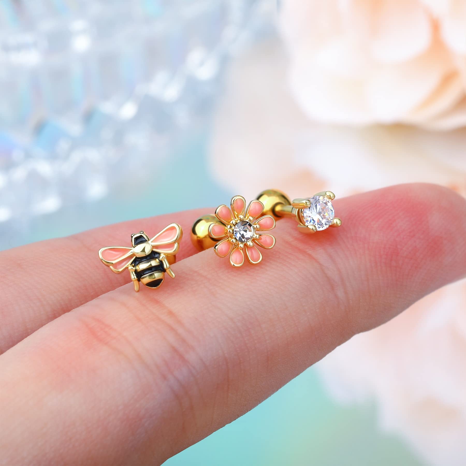 CM Crareesi Mania 3Pcs Cute Bee Cartilage Earrings Pack 316L Stainless Steel Helix Dainty Bee 16G Tragus Conch Gold Cartilage piercing jewelry Pack