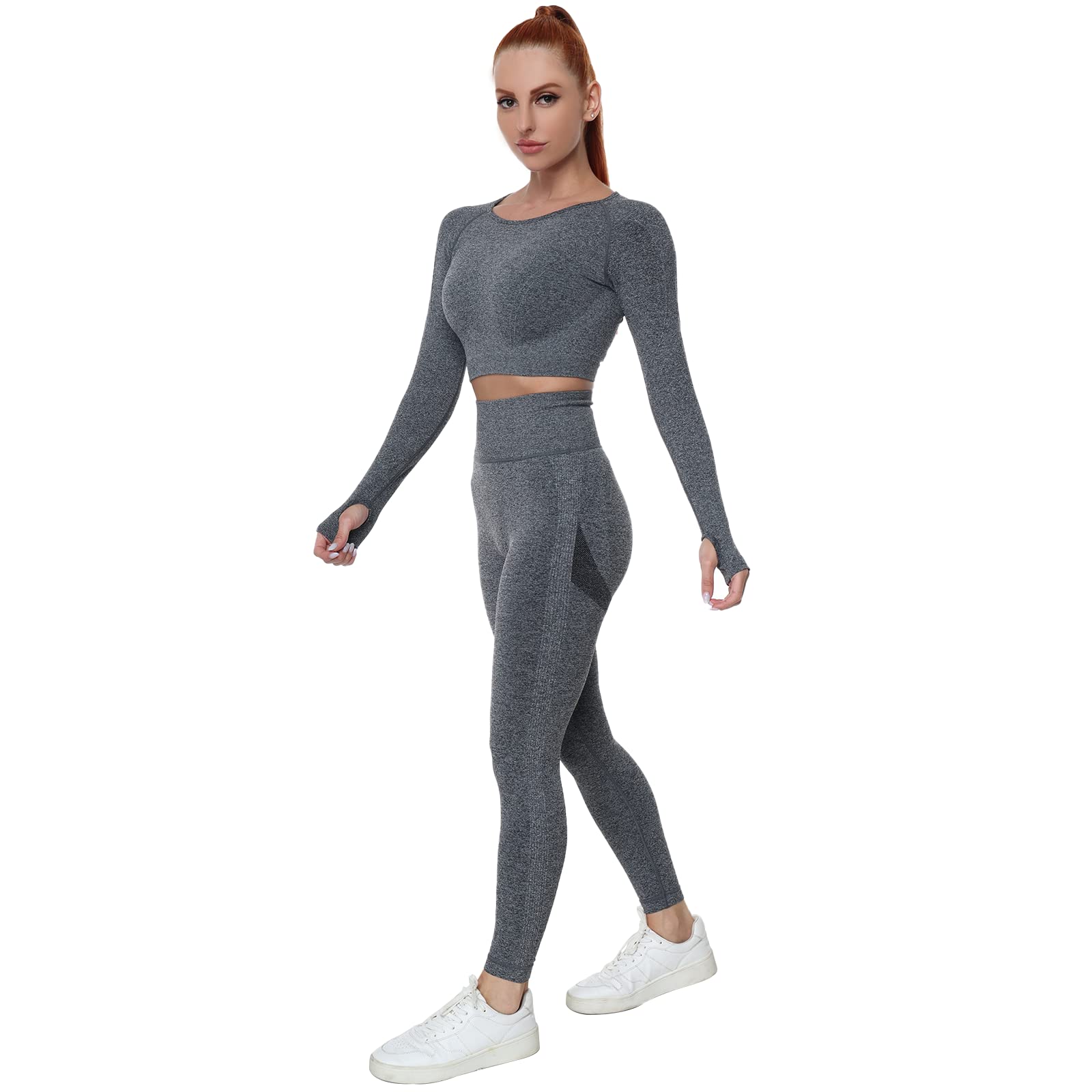 JOJOANS Workout Sets Women 2 Piece Outfits High Waist Seamless Leggings and Crop Top Yoga Set Gym(Grey L)