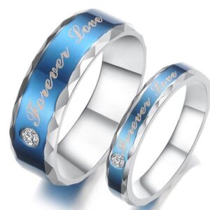 Matching Couple Rings Titanium Steel, Silver Blue His and Hers Wedding Ring Sets White Square CZ Engagement Ring Set Forever Love