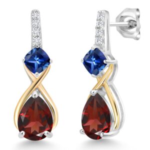 Gem Stone King 925 Sterling Silver and 10K Yellow Gold Pear Shape Red Garnet Blue Created Sapphire and White Lab Grown Diamond Dangle Earrings For Women (3.37 Cttw, Pear Shape 8X6MM)