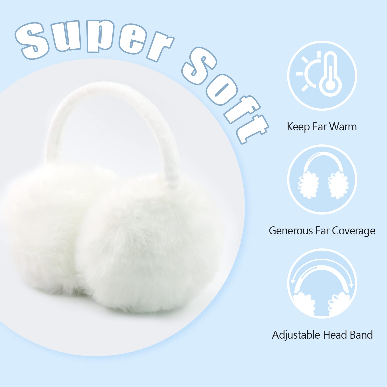 FSTEOE Winter Ear Muffs Women Warm Earmuffs Girls Ear Warmer Soft Plush Outdoor Plush Adjustable Ear Cover (White)