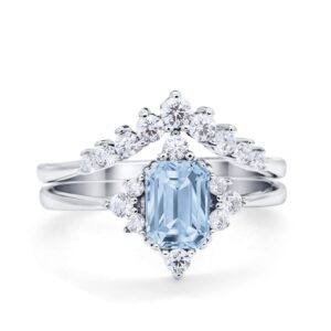 Blue Apple Co. Simulated Aquamarine Cubic Zirconia Size-11 Emerald Cut Vintage Art Deco Two Piece Bridal Set Wedding Engagement Ring Band Round Simulated Cubic Zirconia 925 Sterling Silver