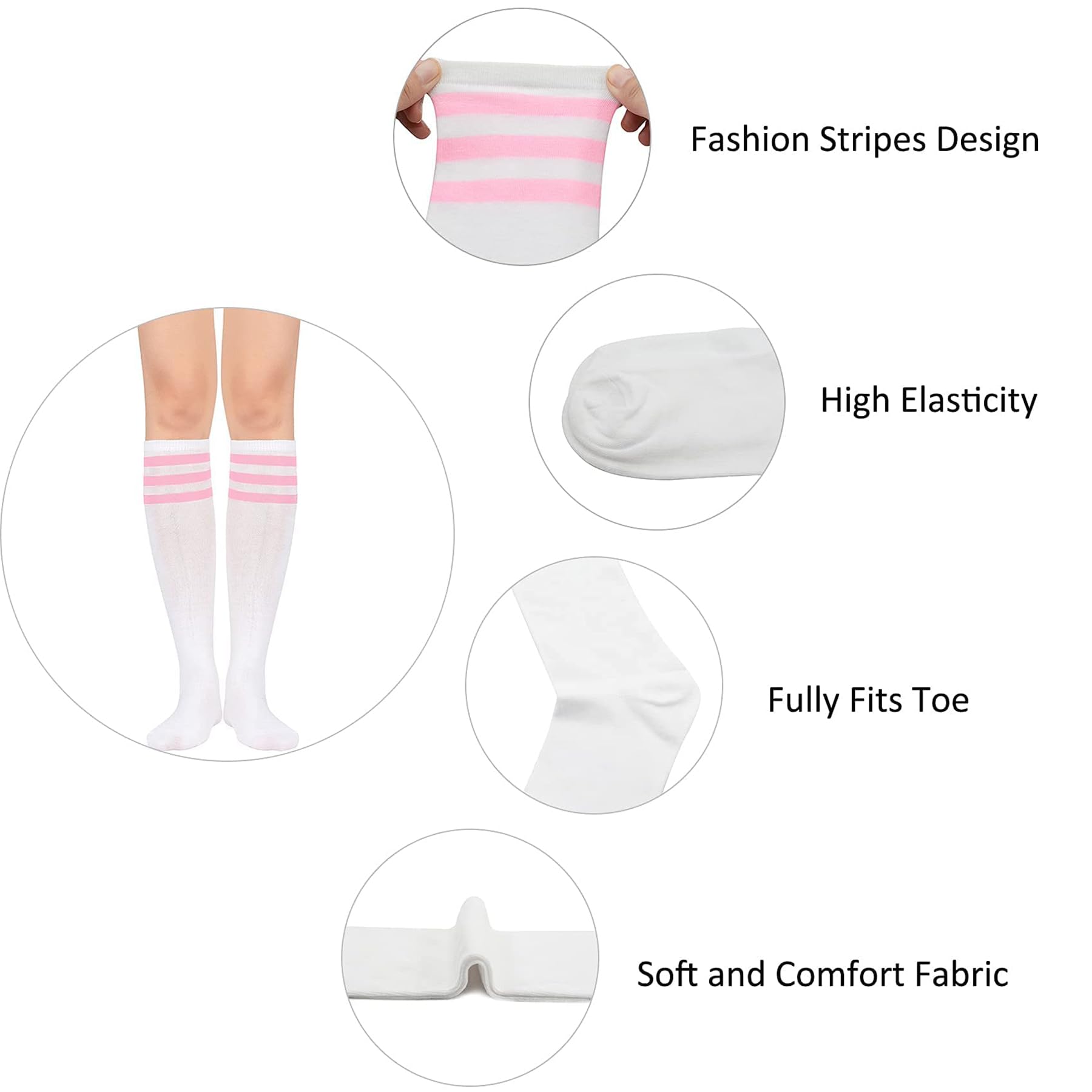 Zando Outdoor Athletic Socks for Women Soft Knee High Socks Tall Athletic Socks Stripes Tube Socks Extra Long Knee Socks Outdoor Boot Socks Elastic Knee High Stockings White Black One Size