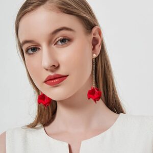 Just Follow Dangle Acrylic Petal Tassel Fringe Chain Earrings Long Drop Rose Flower Statement Earrings for Women With Box (Red)