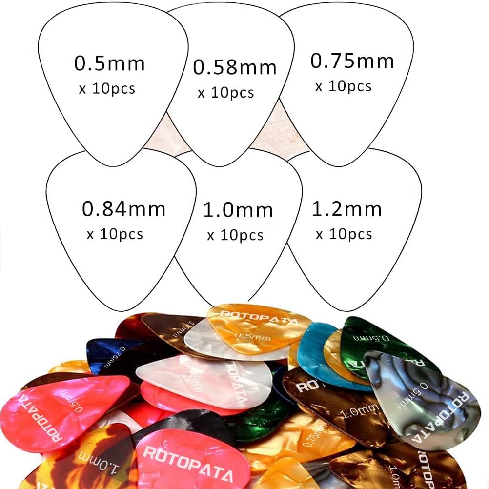 60 Pack Guitar Picks with Organizer Storage Box, 0.5 0.58 0.75 0.84 1.0 1.2mm Includes Thin Medium Heavy Thickness, Variety Colorful Celluloid Plectrums for Bass Electric Acoustic Guitars Ukulele