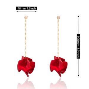 Just Follow Dangle Acrylic Petal Tassel Fringe Chain Earrings Long Drop Rose Flower Statement Earrings for Women With Box (Red)