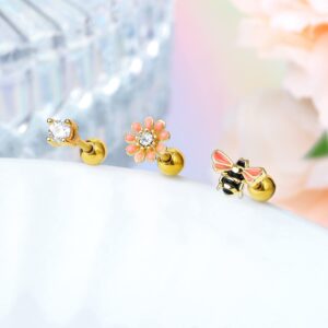 CM Crareesi Mania 3Pcs Cute Bee Cartilage Earrings Pack 316L Stainless Steel Helix Dainty Bee 16G Tragus Conch Gold Cartilage piercing jewelry Pack