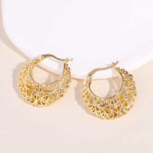 Jiulory Golden Filigree Earrings Vintage Filigree Hoop Earrings Oval Hollowed Gold Plated Dangle Earrings Click-Top Boho Yellow Fashion Earrings for Women