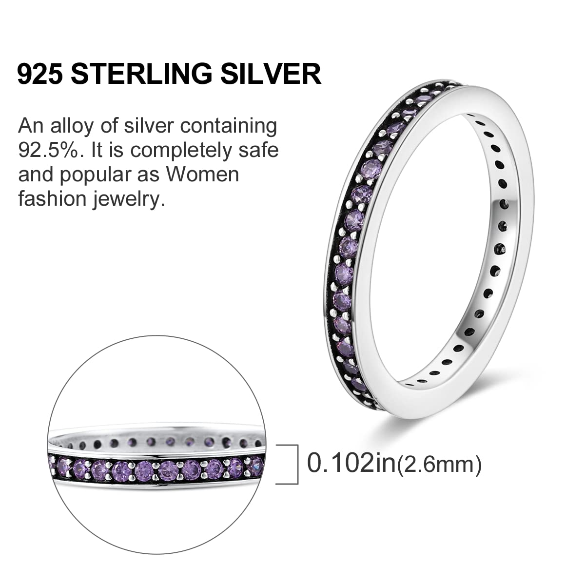 NARMO 2MM Thin Band Eternity Rings 925 Sterling Silver Purple Cubic Zirconia Stackable Rings for Women Egagement Jewelry Gifts (6)