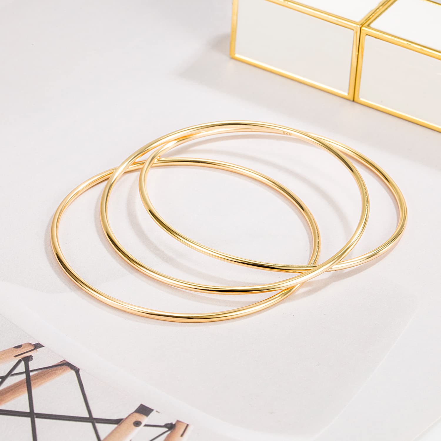 Minimalist 925 Sterling Silver Banglest Women Stackable 1/2/3 .Countless Set Bracelet 2MM Thick Diameter 60mm-65mm-68mm Jewelry Gift Wife Her (Gold Color 2 Piece A Style, Diameter 65MM)