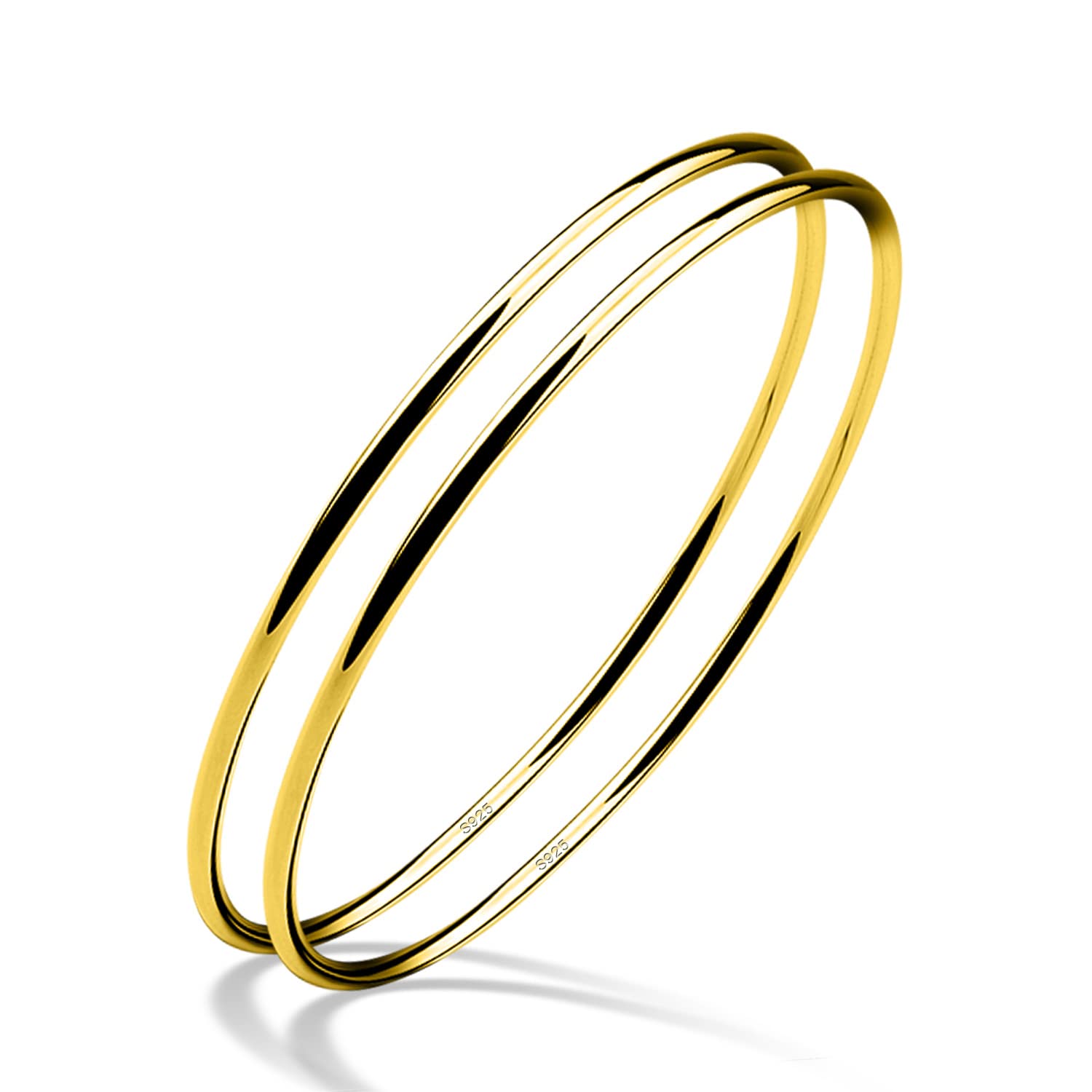 Minimalist 925 Sterling Silver Banglest Women Stackable 1/2/3 .Countless Set Bracelet 2MM Thick Diameter 60mm-65mm-68mm Jewelry Gift Wife Her (Gold Color 2 Piece A Style, Diameter 65MM)