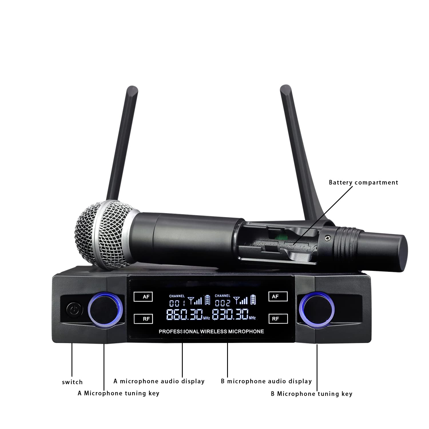 Wireless microphone, dual channel professional cordless dynamic wireless microphone, handheld wireless microphone system for home karaoke, conferences, parties, churches, weddings, parties, 160 ft