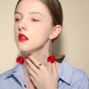 Just Follow Dangle Acrylic Petal Tassel Fringe Chain Earrings Long Drop Rose Flower Statement Earrings for Women With Box (Red)