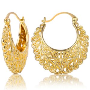 Jiulory Golden Filigree Earrings Vintage Filigree Hoop Earrings Oval Hollowed Gold Plated Dangle Earrings Click-Top Boho Yellow Fashion Earrings for Women