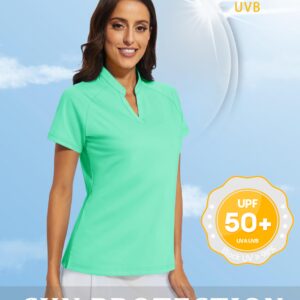 MAGCOMSEN Women Golf Shirt Short Sleeve Uv Sun Protection V Neck Tennis Tops Moisture Wicking Polo Shirts Mint Green S