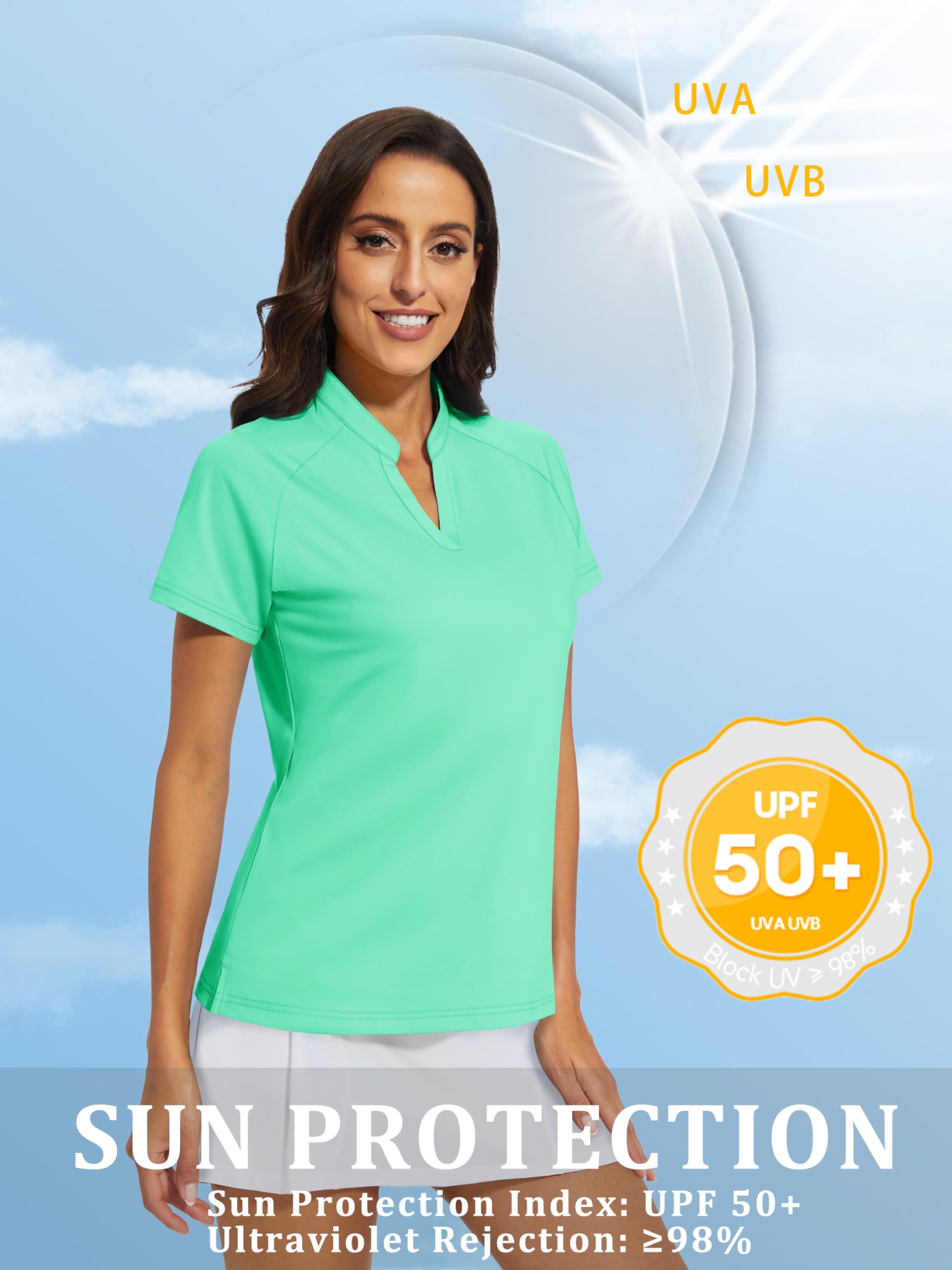 MAGCOMSEN Women Golf Shirt Short Sleeve Uv Sun Protection V Neck Tennis Tops Moisture Wicking Polo Shirts Mint Green S