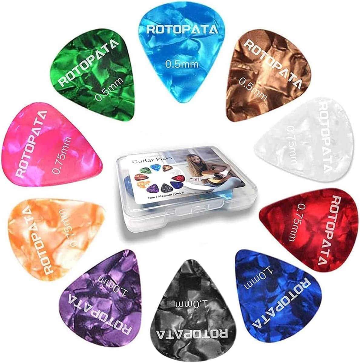 60 Pack Guitar Picks with Organizer Storage Box, 0.5 0.58 0.75 0.84 1.0 1.2mm Includes Thin Medium Heavy Thickness, Variety Colorful Celluloid Plectrums for Bass Electric Acoustic Guitars Ukulele