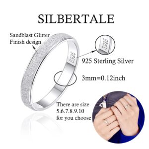 SILBERTALE Anxiety Ring 925 Sterling Silver 3mm thin Sandblast Glitter Ring Classic Eternity Wedding Band Comfort Fit for Men Women Size 9