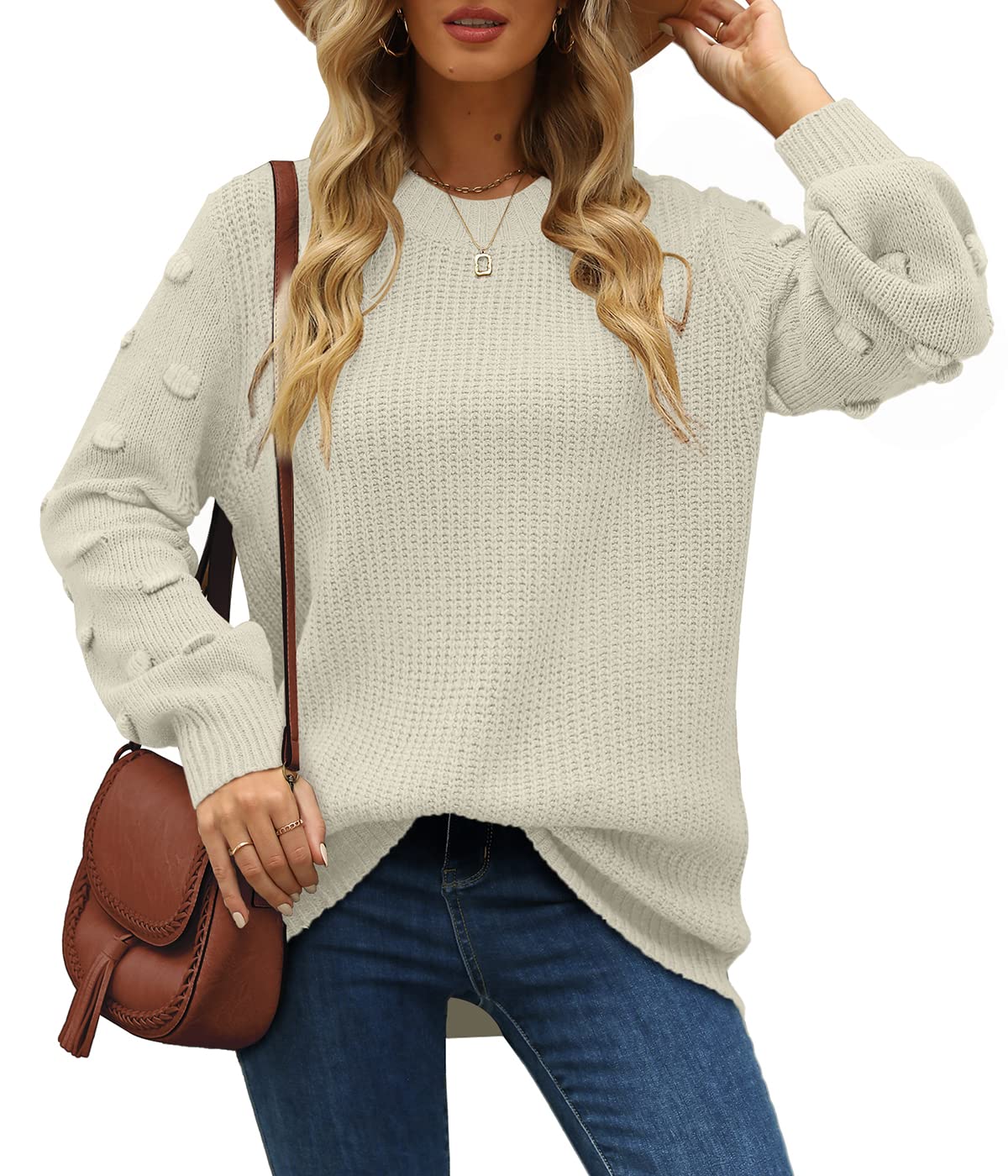 XIEERDUO Women's Pullover Sweaters White Long Sleeve Chunky Knit Crewneck Sweatshirts Fall S