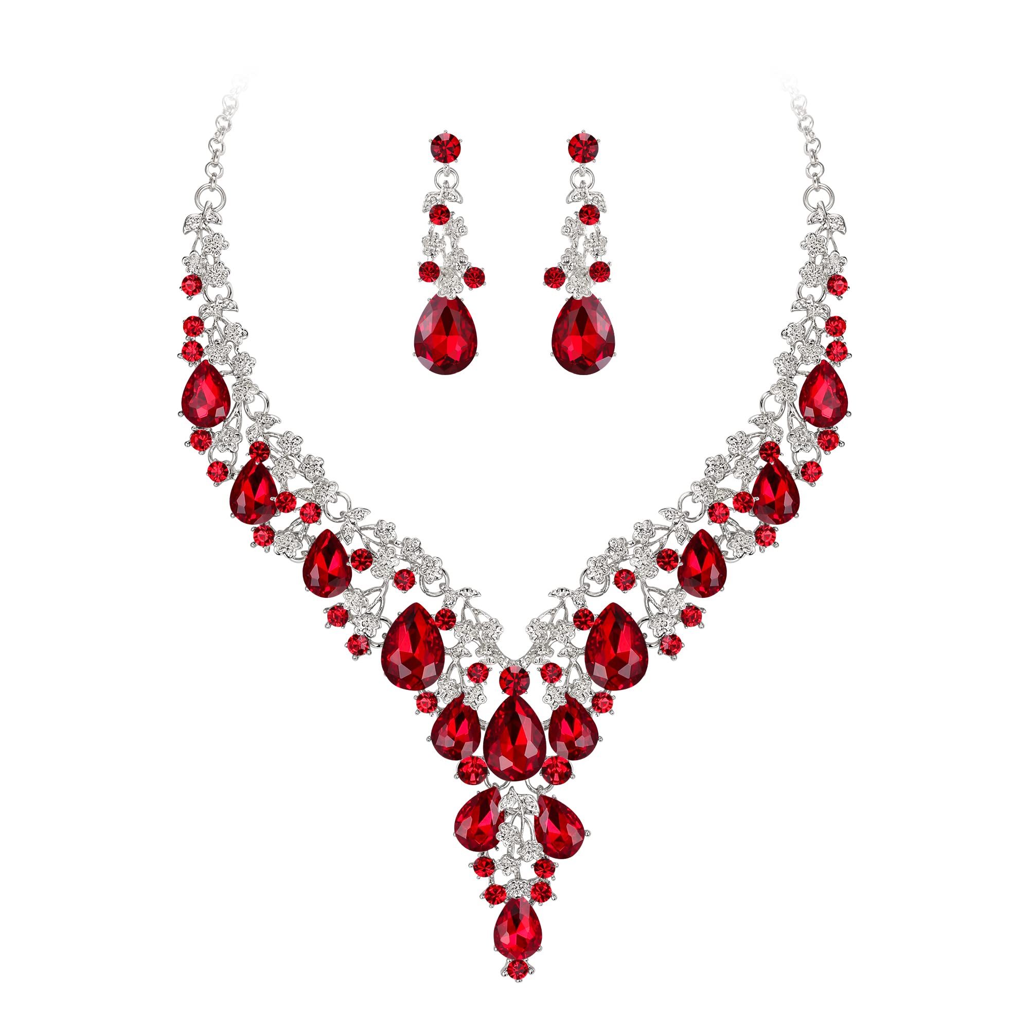 BriLove Women's Wedding Bridal Austrian Crystal Teardrop Flower Cluster Statement Necklace Dangle Earrings Jewelry Set Ruby Color Silver-Tone