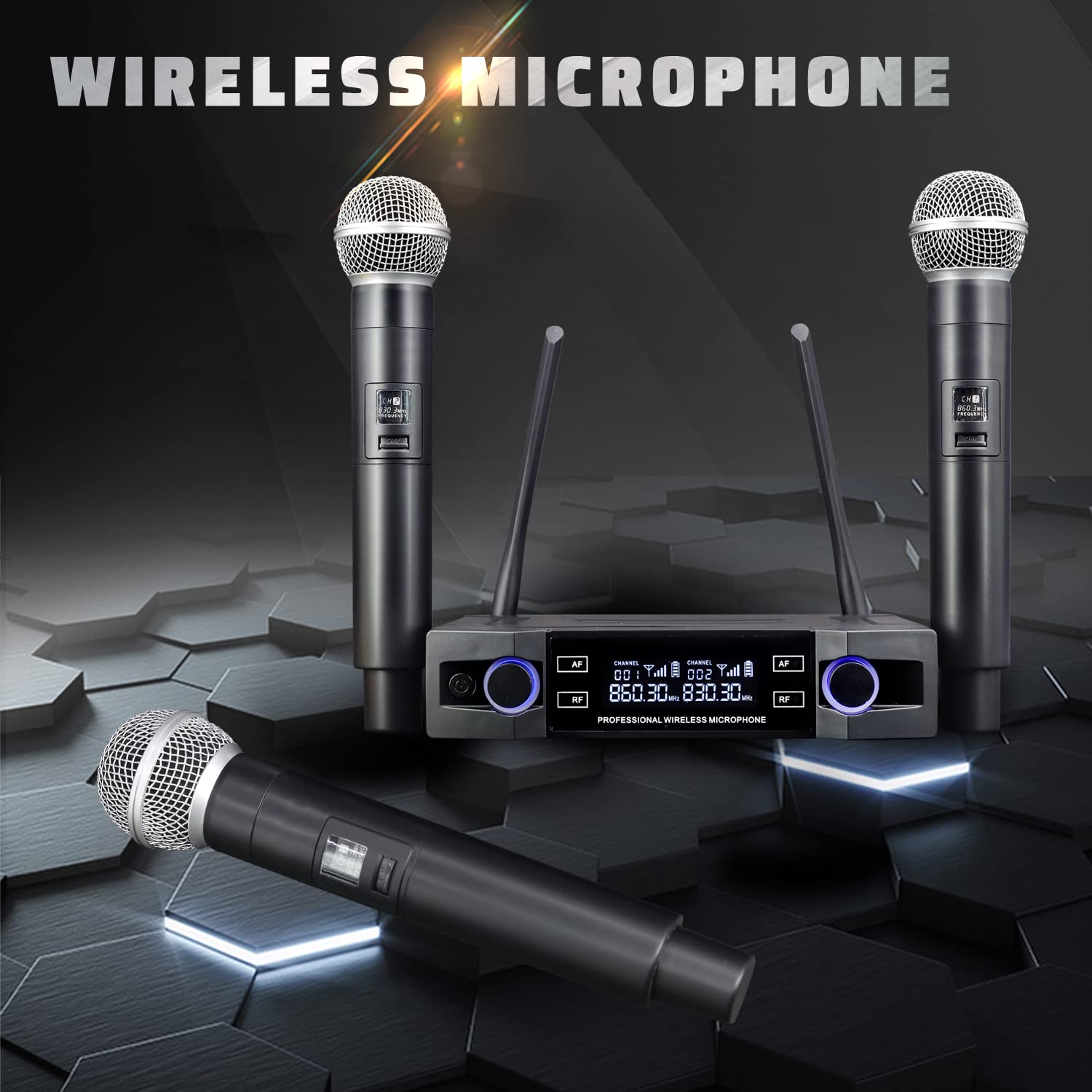 Wireless microphone, dual channel professional cordless dynamic wireless microphone, handheld wireless microphone system for home karaoke, conferences, parties, churches, weddings, parties, 160 ft