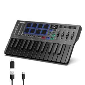 donner dmk25 pro midi keyboard controller, 25 mini key portable usb-c midi keyboard with 8 drum pads, oled display, personalized touch bar, music production software and 40 teaching courses