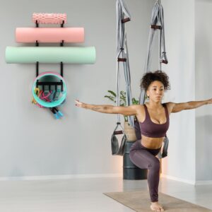 YiSeyruo Yoga Mat Holder Wall Mount: Yoga Mat Home Storage Organizer Rack Metal | Foam Roller Holder 4 Sections with 5 Hooks for Hanging Yoga Resistance Bands Equipment Accessories at Home Gym