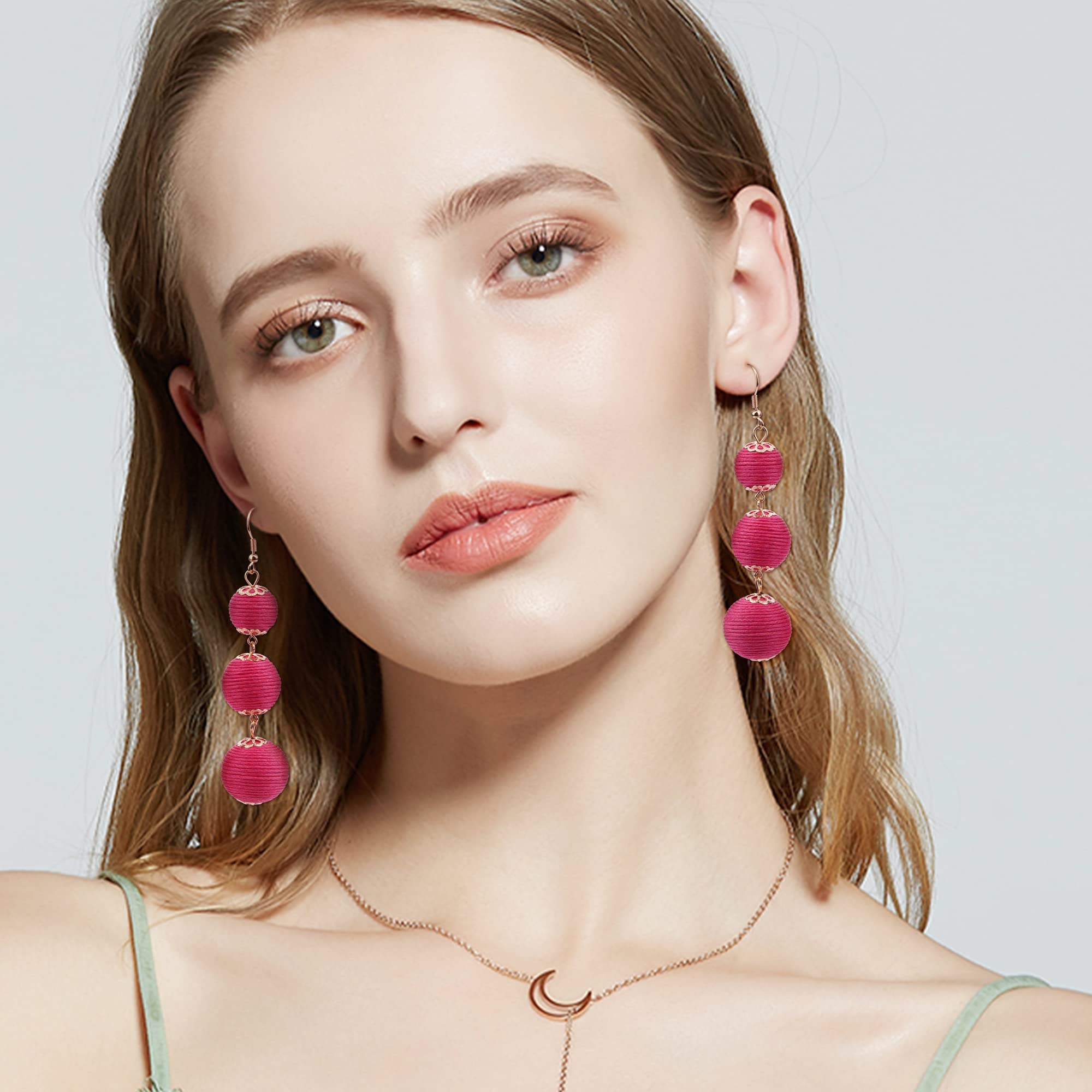 Fansilver Statement Earrings Drop Raffia Earrings Dangle Geometric Earrings Boho Long Tassel Earrings Hot Pink Earrings for Women