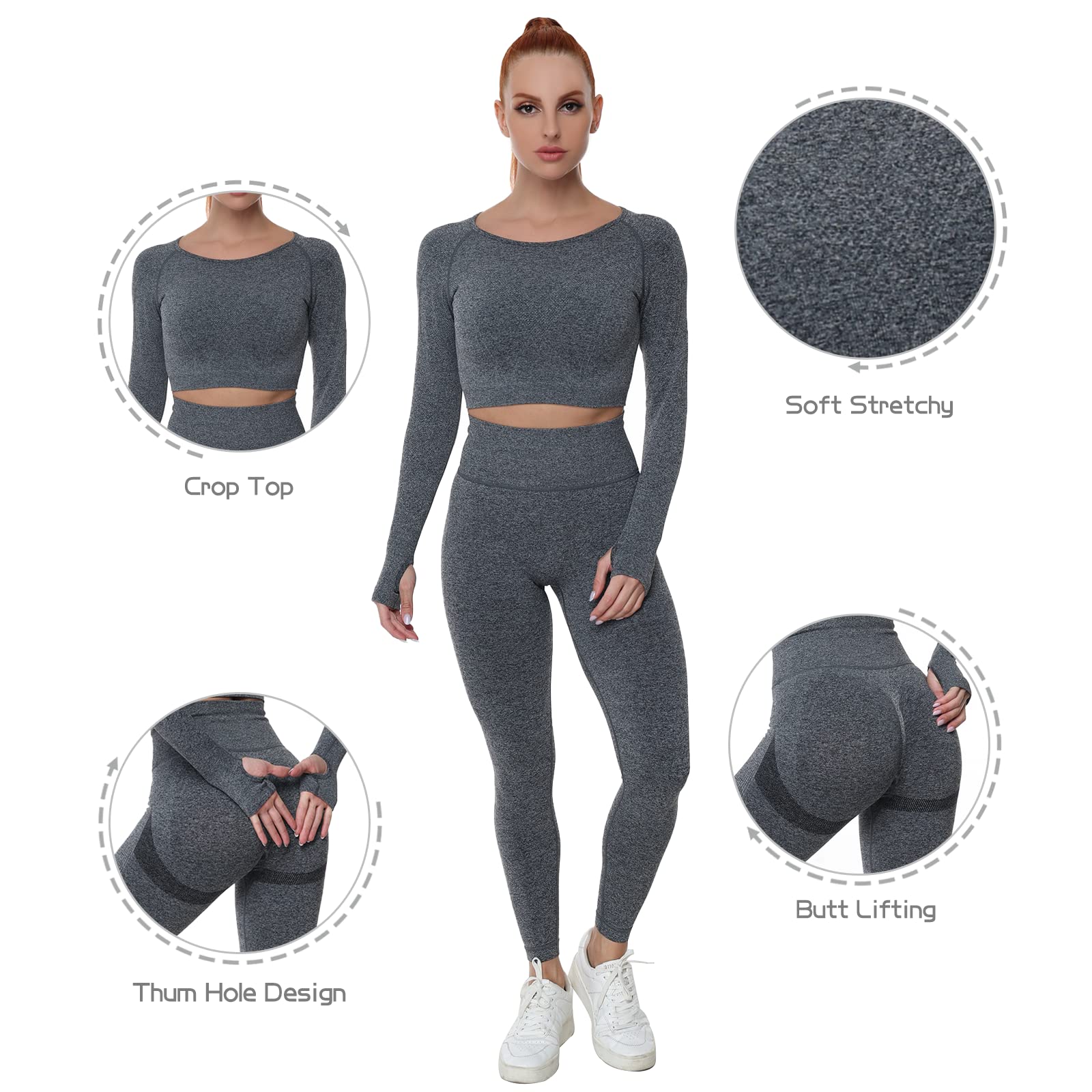 JOJOANS Workout Sets Women 2 Piece Outfits High Waist Seamless Leggings and Crop Top Yoga Set Gym(Grey L)