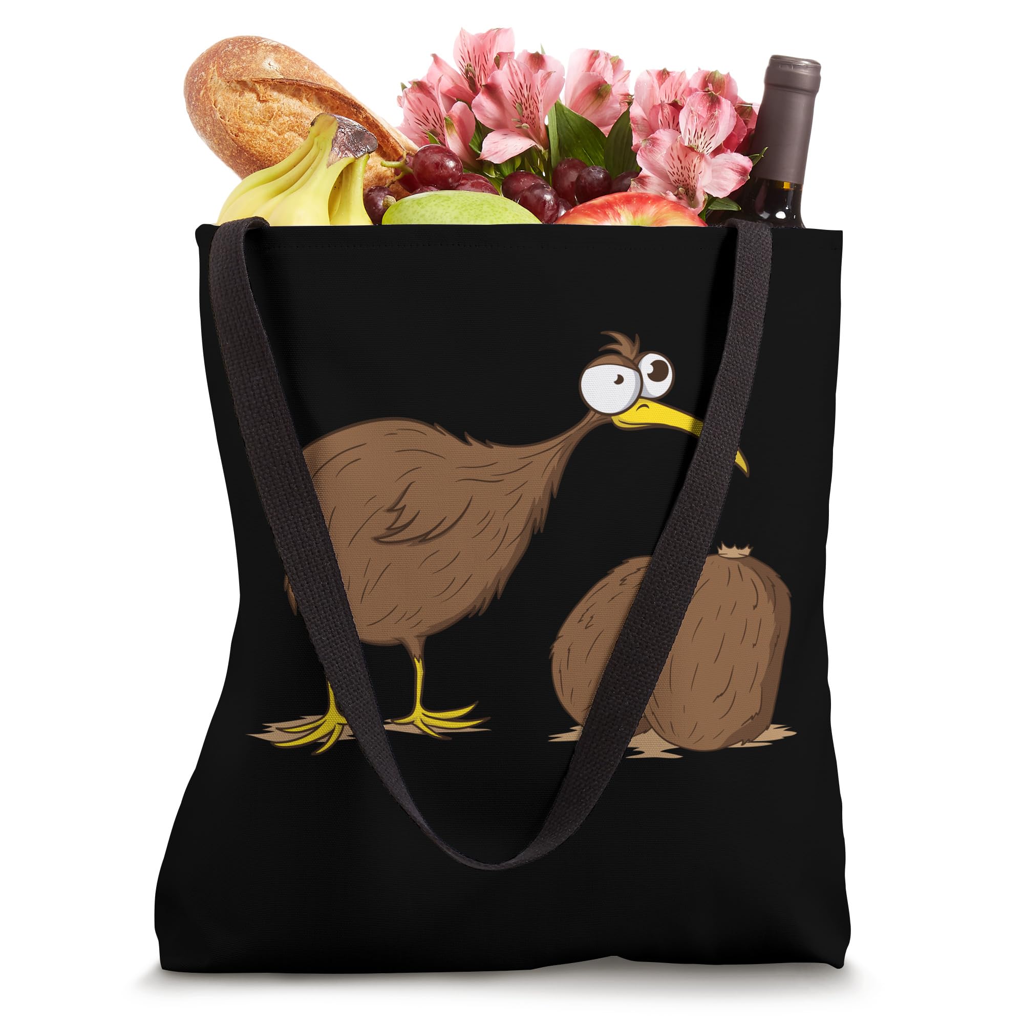 Crazy Kiwi Bird next to two Kiwi Fruits Tote Bag