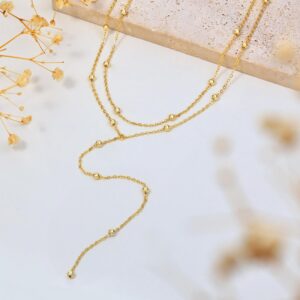 CHESKY Lariat Gold Necklace for Women, Dainty Long Necklace 14k Gold Plated Layered Necklaces Trendy Y-Shaped Bead Pendant Chain Necklace Simple Double Women Gold Necklaces Jewelry Gift Wedding